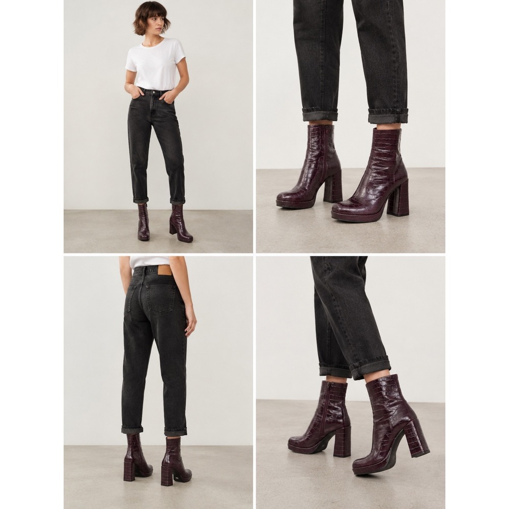 Rachel Zoe Croc Embossed Ankle Boots Burgundy Block Heel Size 7